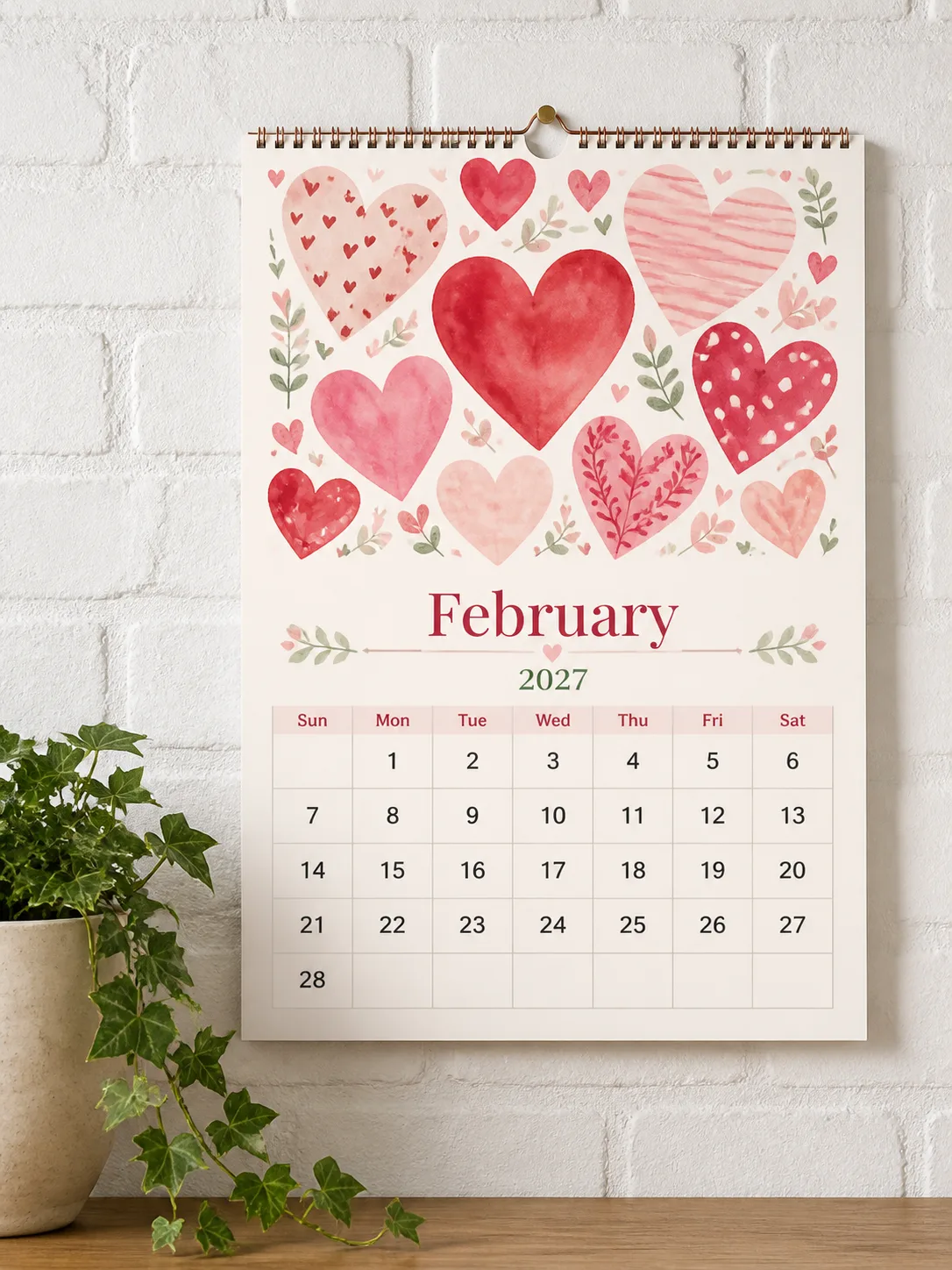 February Hearts 2027 Wall Calendar Mockup