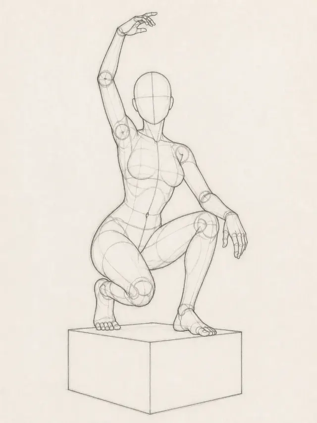 Female Crouching Box Pose Reference Sketch