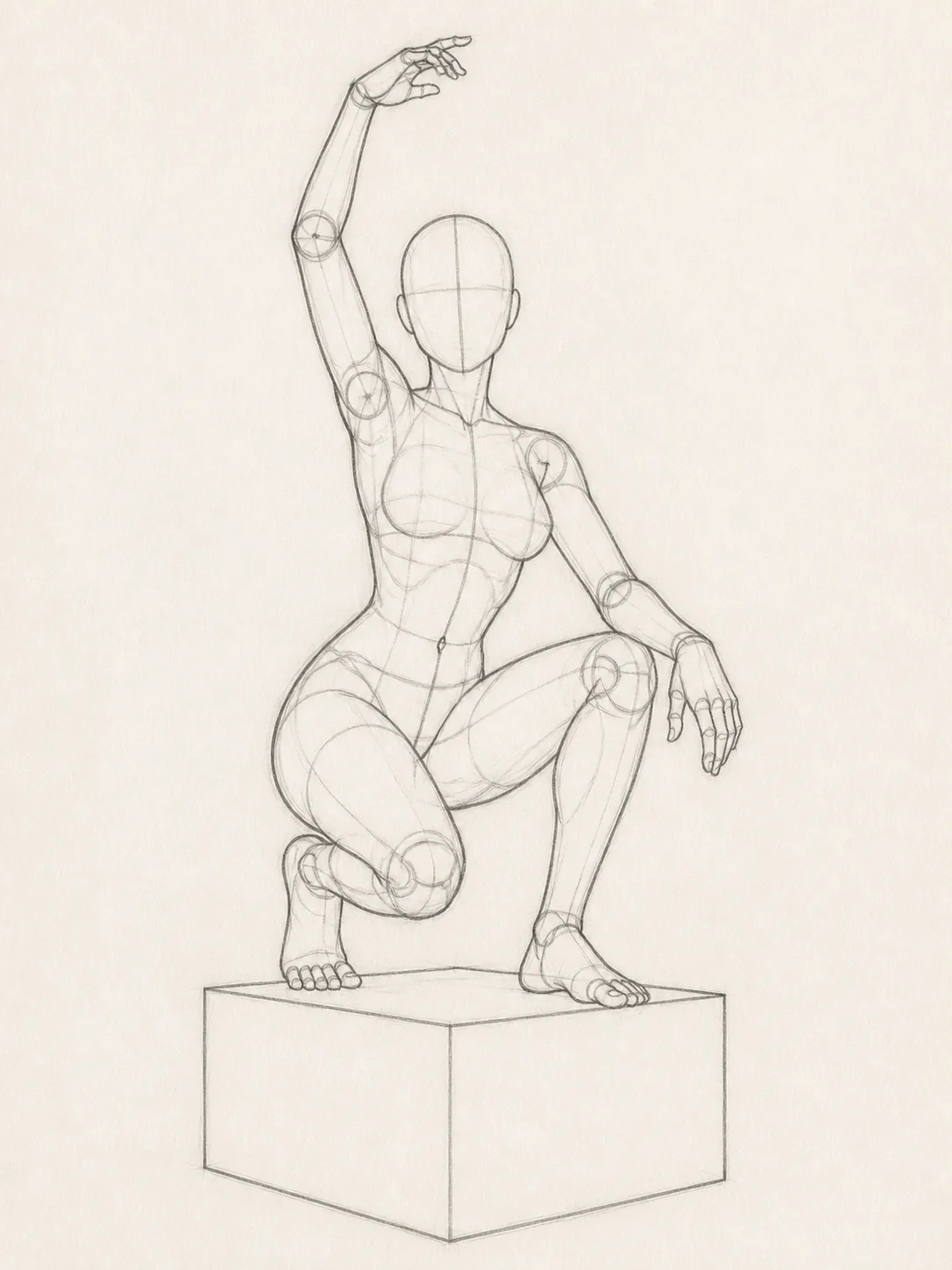 Female Crouching Box Pose Reference Sketch