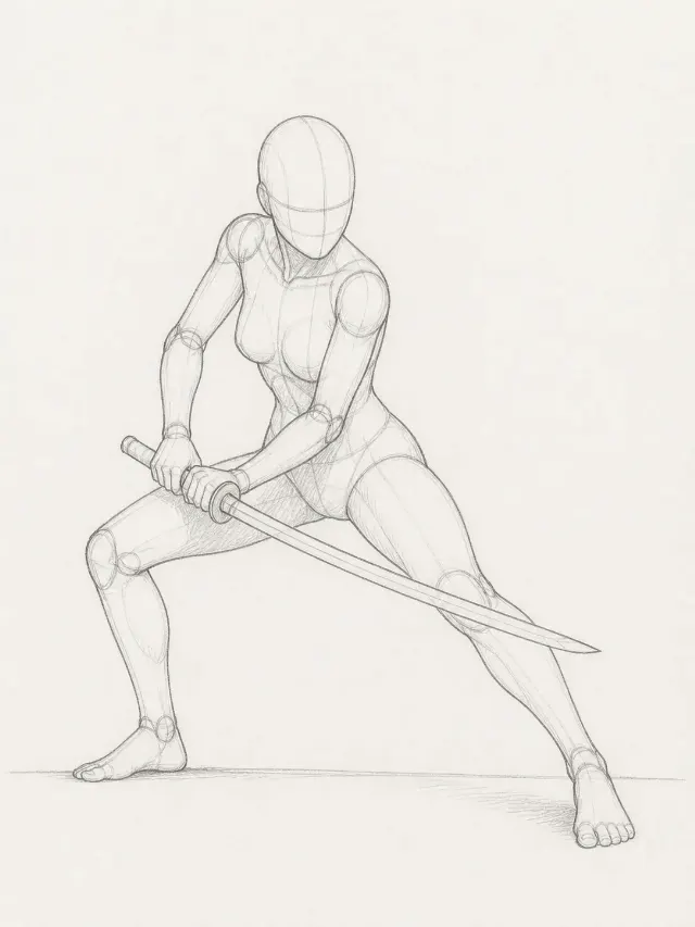 Female Katana Battle Stance Sketch
