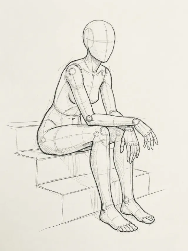 Female Staircase Seated Pose Sketch