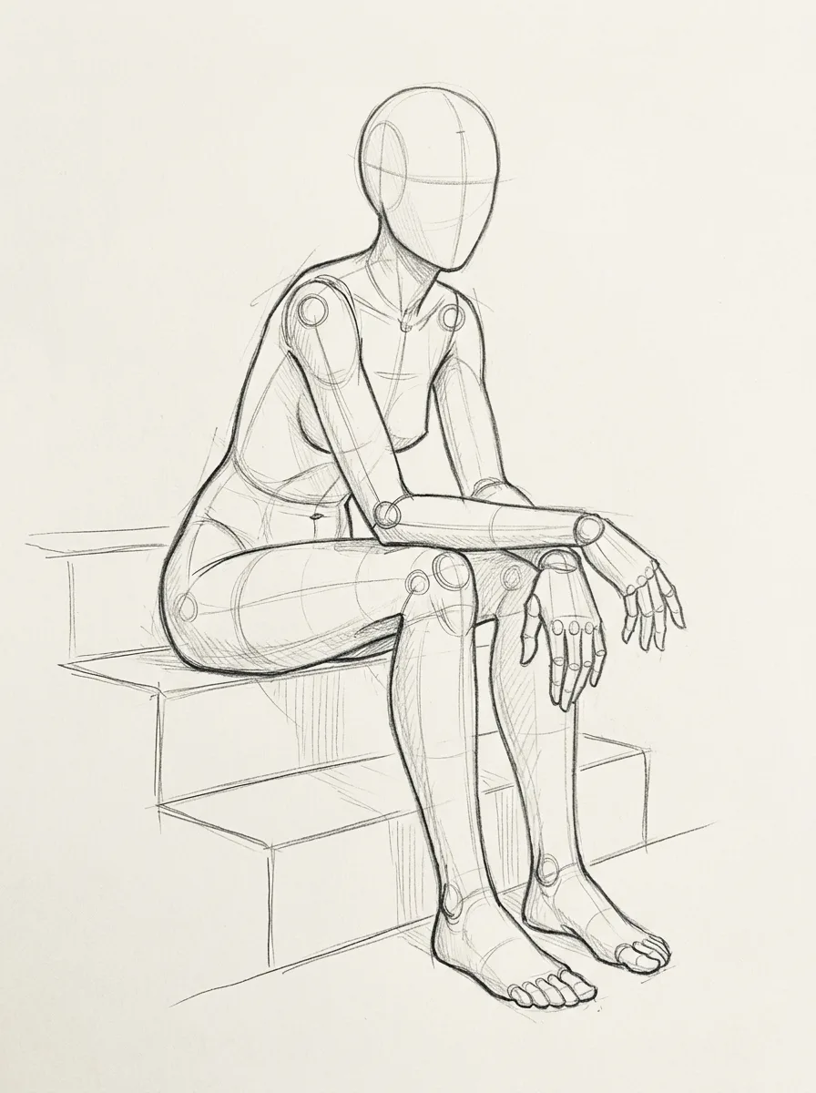 Female Staircase Seated Pose Sketch