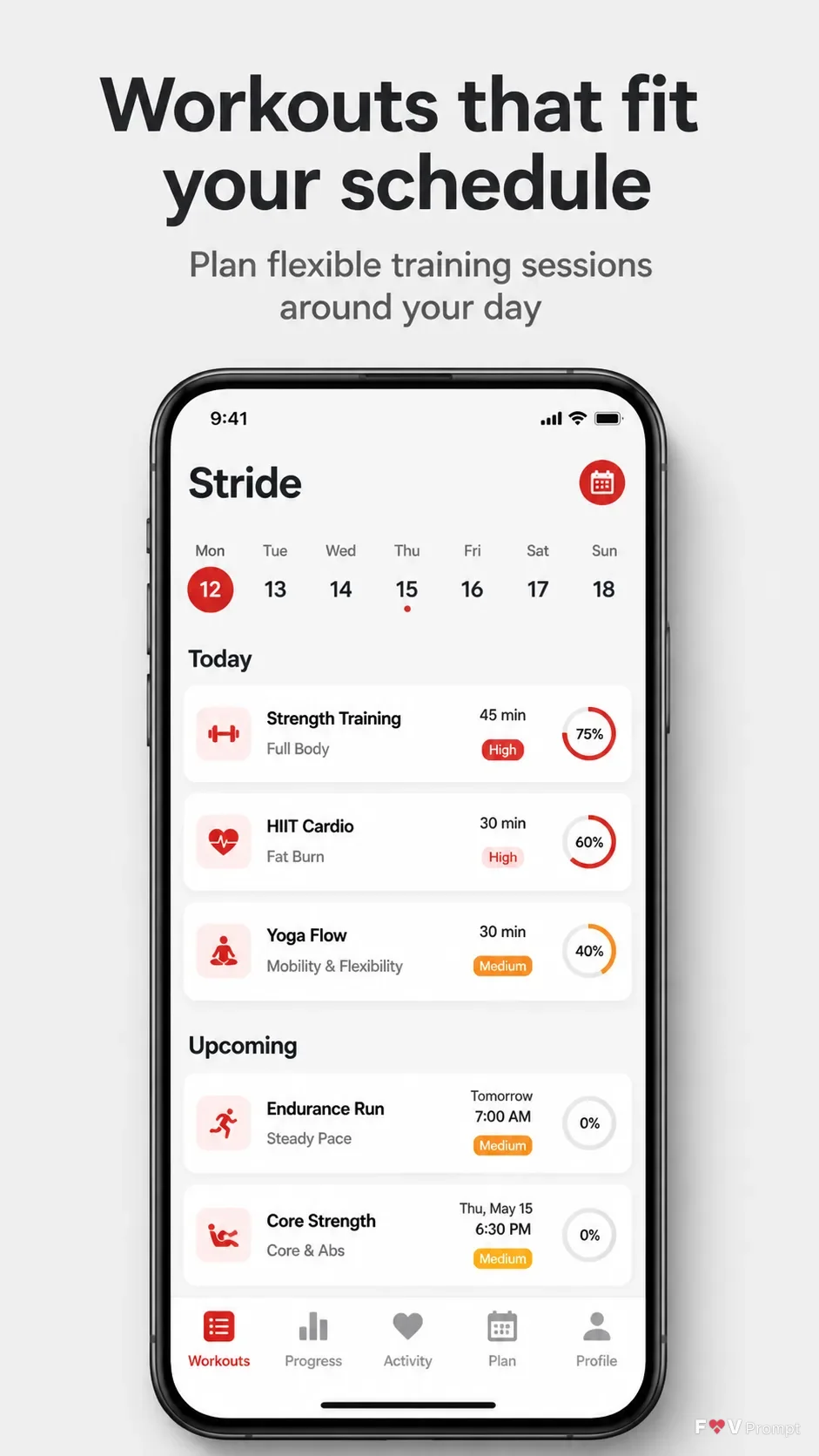 Fitness App Workout Schedule Screenshot
