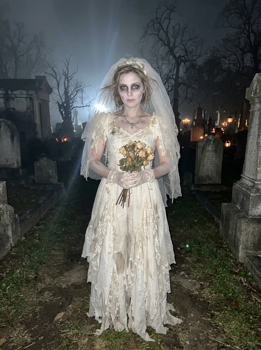 Foggy Cemetery Zombie Bride Costume Photo