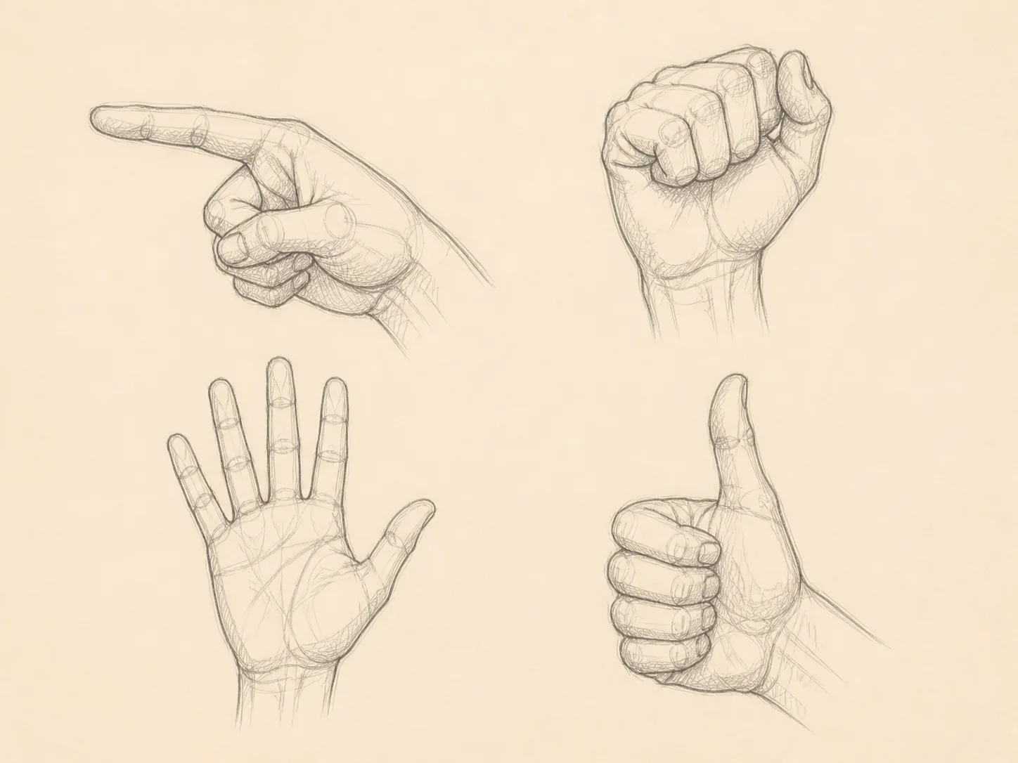 Four-Panel Hand Pose Reference Sheet