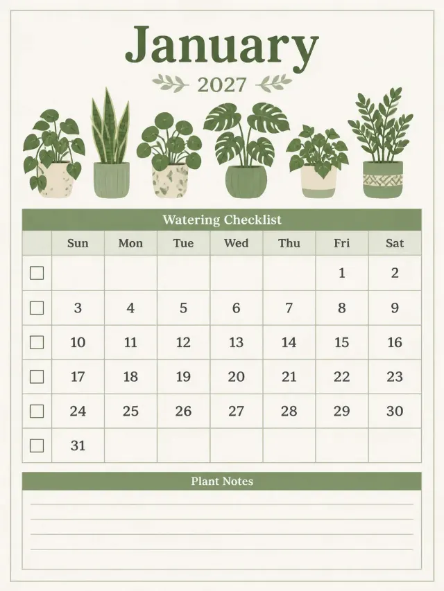 Fresh Green Houseplant Watering Calendar
