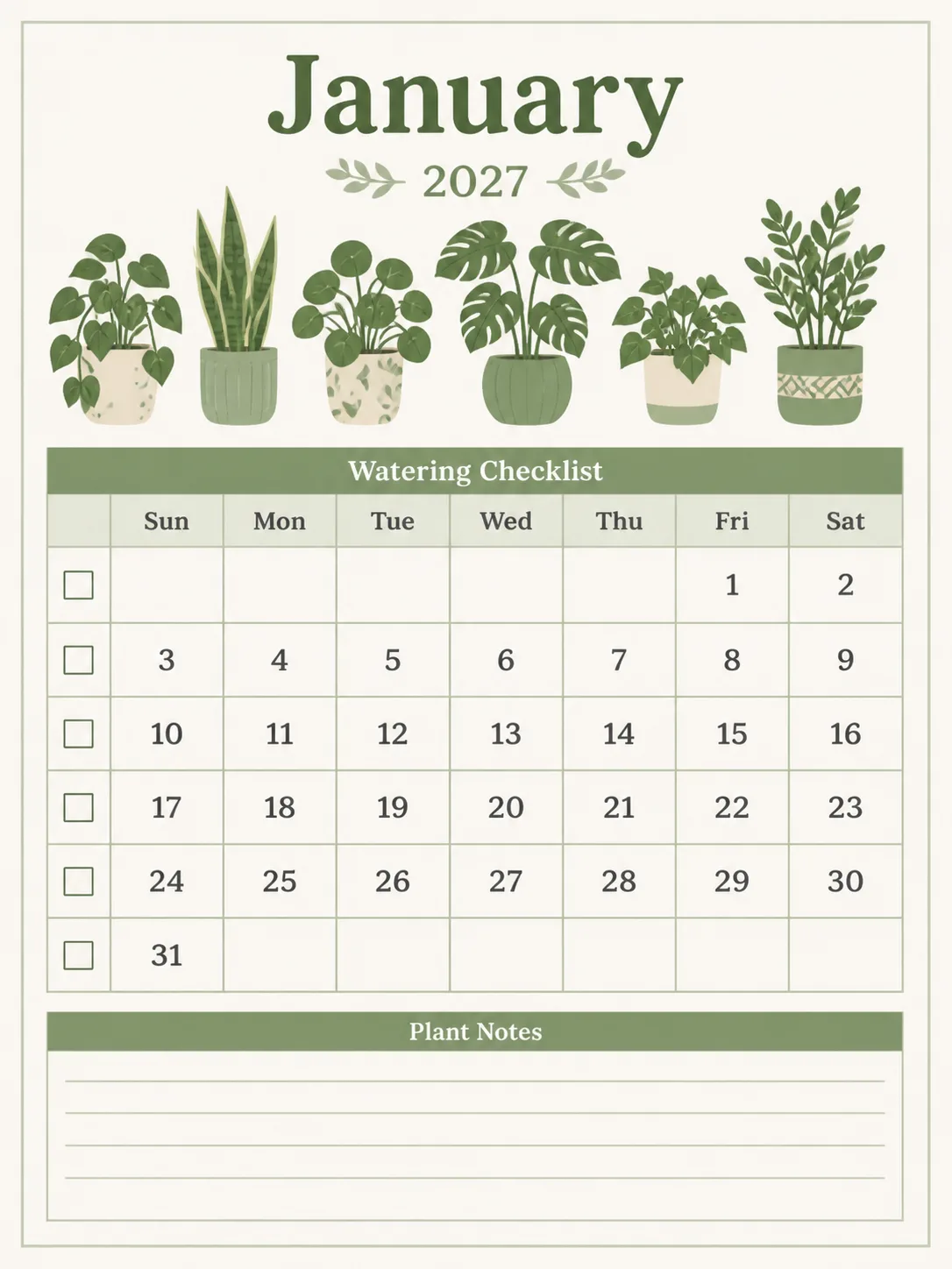 Fresh Green Houseplant Watering Calendar