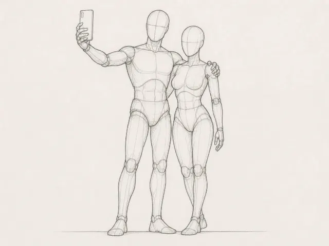 Front View Couple Selfie Pose Sketch
