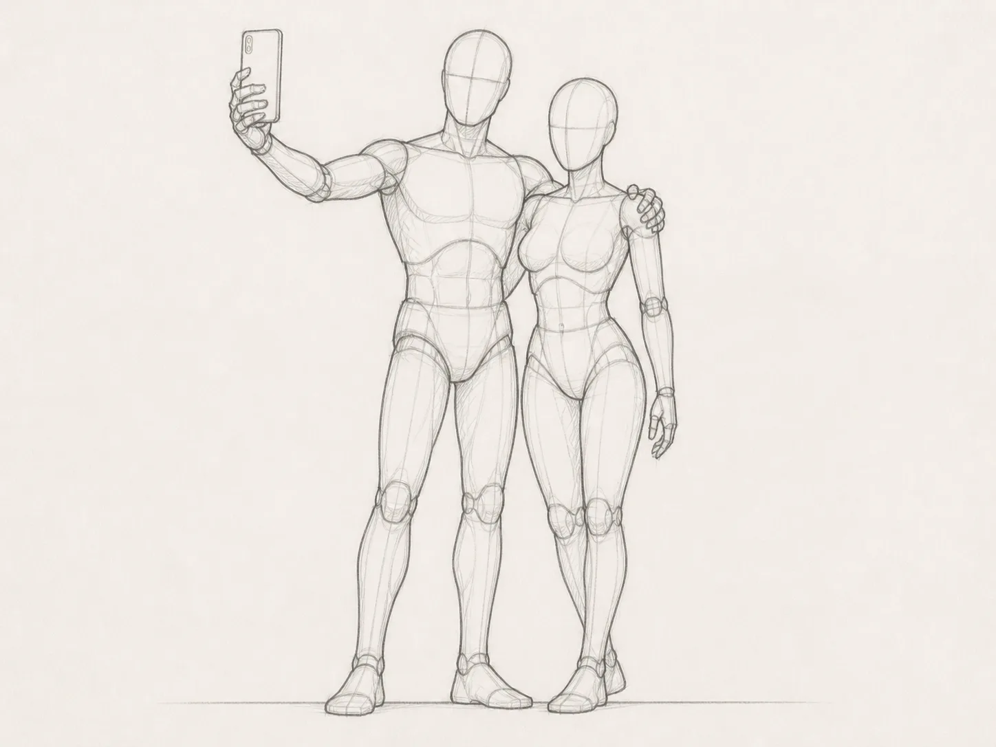 Front View Couple Selfie Pose Sketch