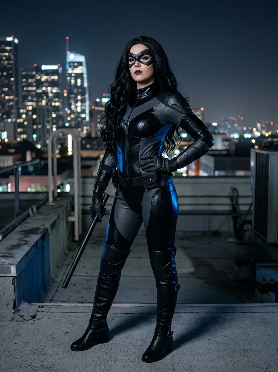 Glossy Black Villain Catsuit Rooftop Photo