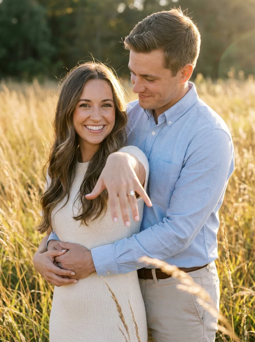 Golden Field Sunset Engagement Photo