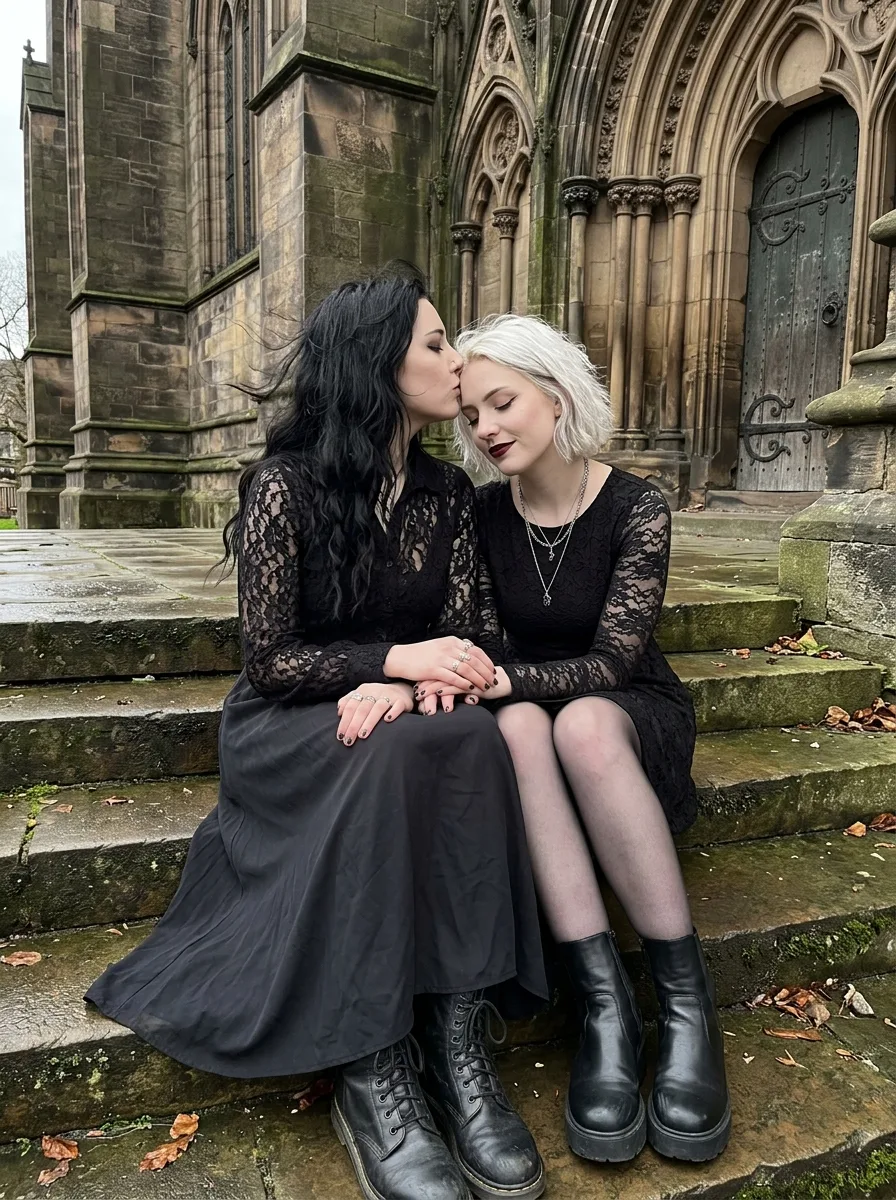 Gothic Couple Cathedral Steps Photo