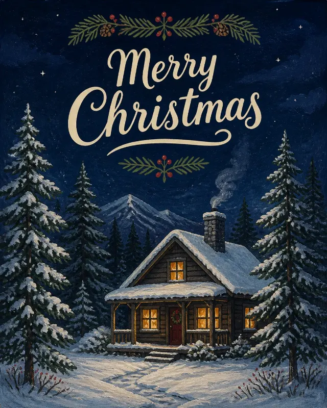 Gouache Snowy Cabin Christmas Card