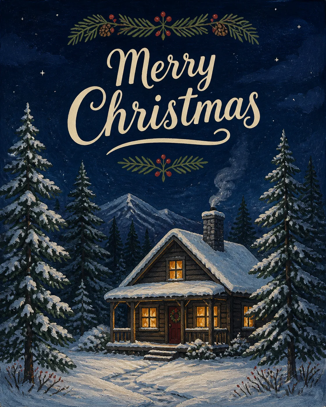 Gouache Snowy Cabin Christmas Card