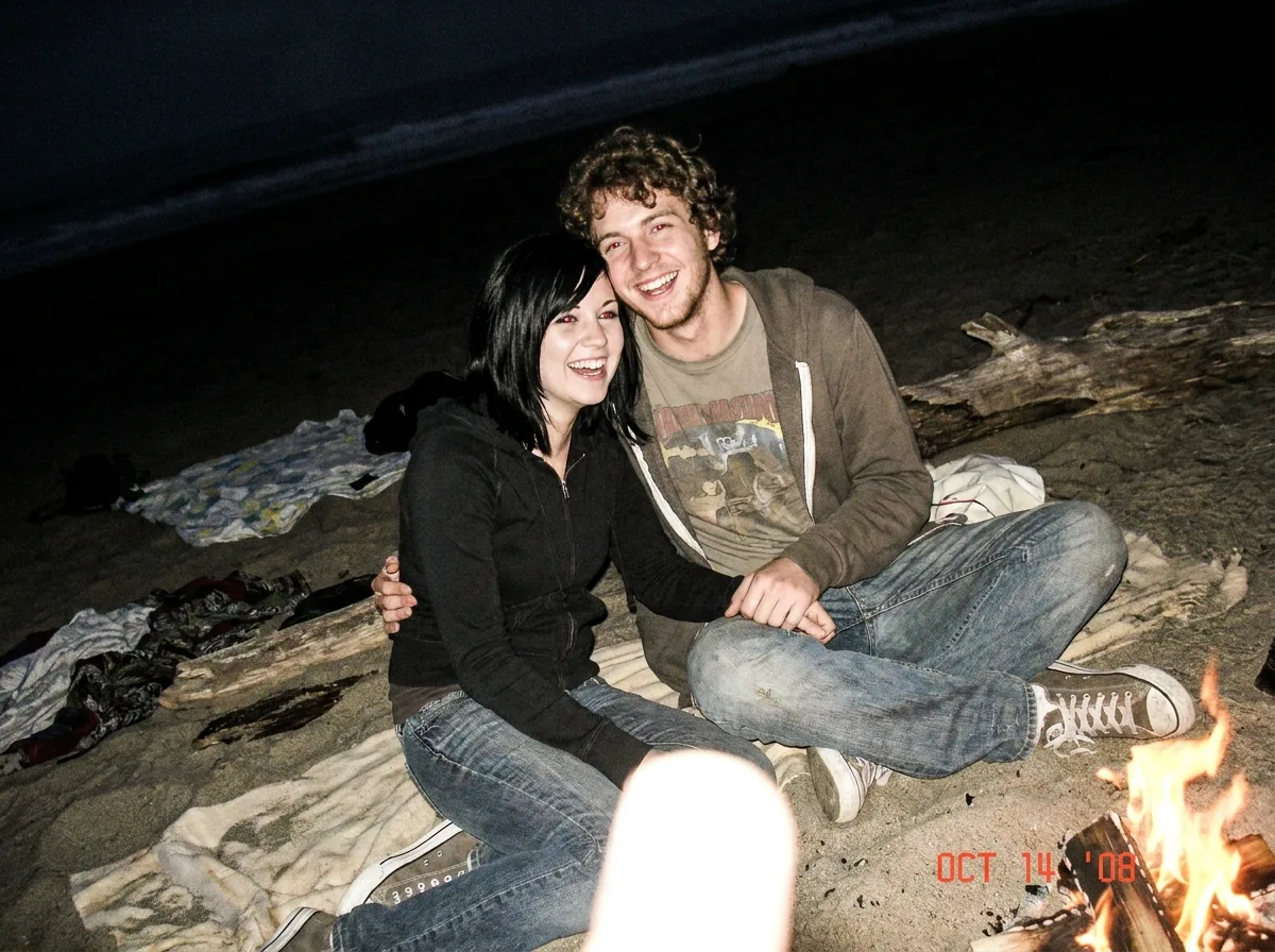 Grainy 2000s Beach Bonfire Photo