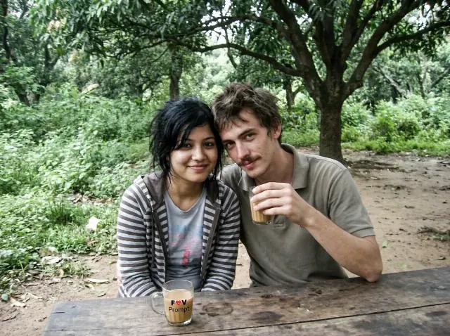Grainy 2000s Couple Tea Garden Photo
