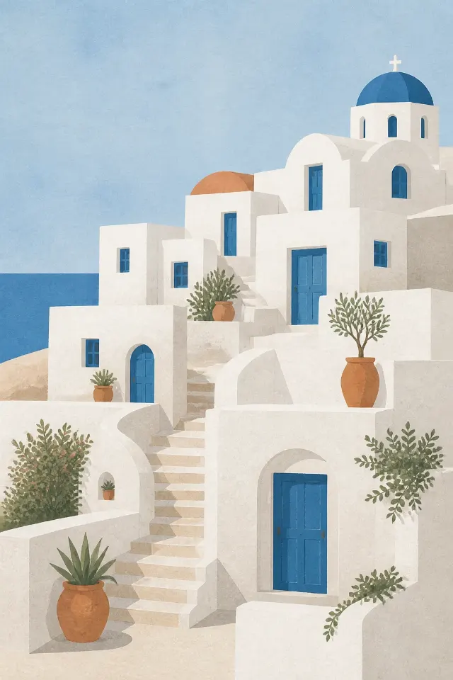Greek Island Houses Blue Door Wall Art