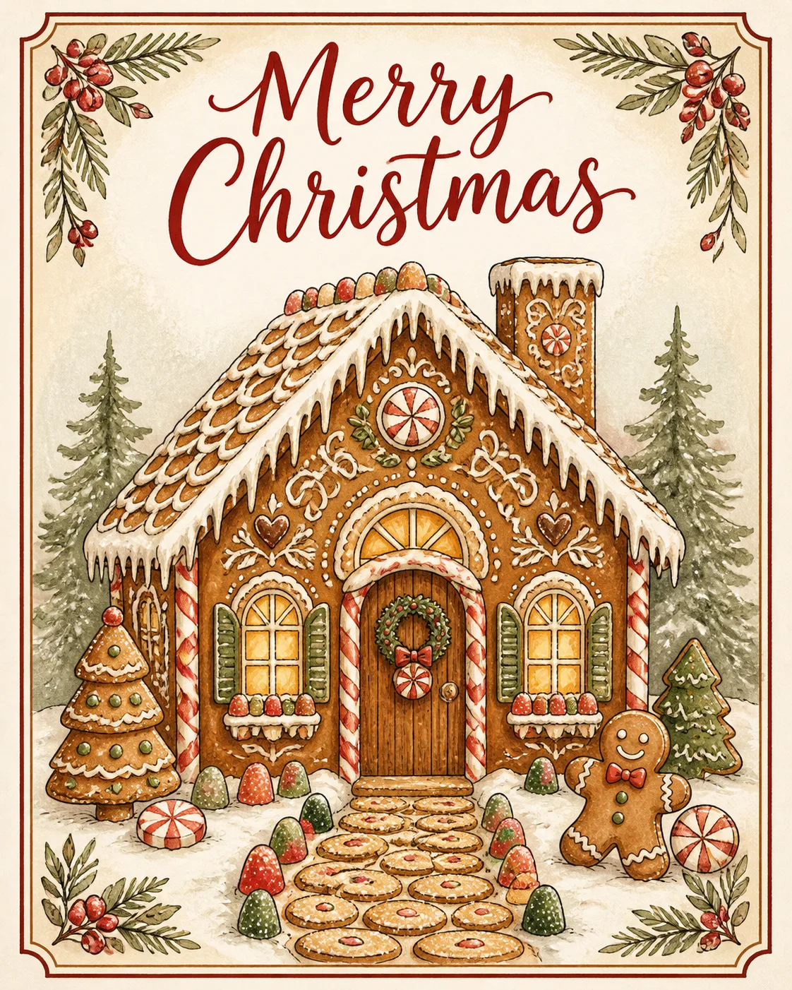 Hand-Drawn Gingerbread House Christmas Card