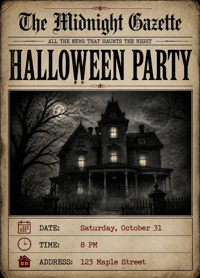 Haunted House Newspaper Halloween Invitation