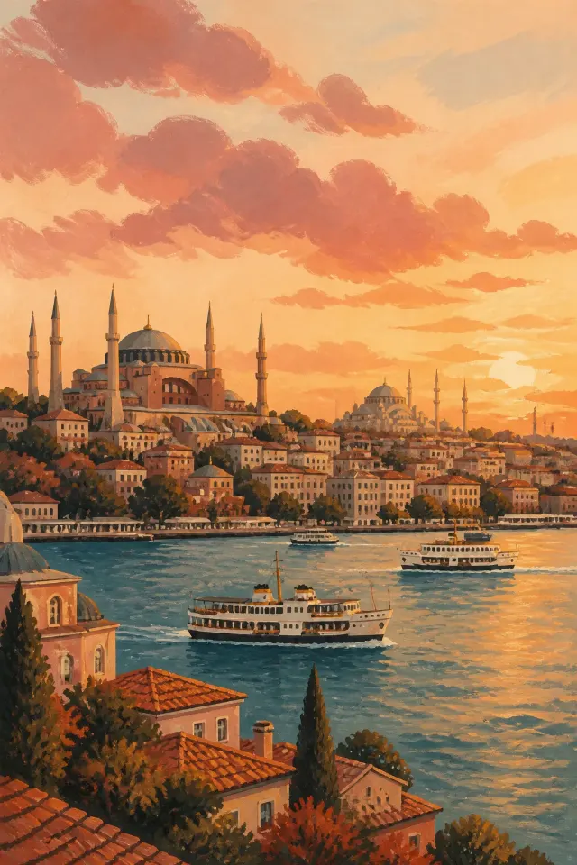 Istanbul Skyline Gouache Wall Art Print
