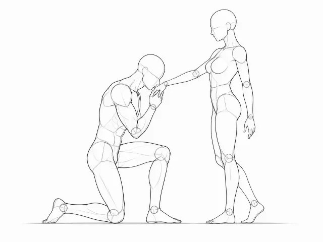 Kneeling Couple Hand Kiss Pose Sketch