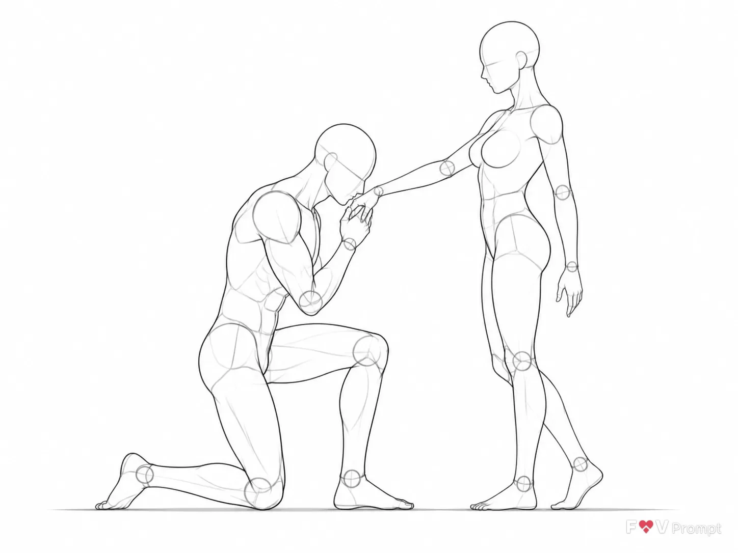Kneeling Couple Hand Kiss Pose Sketch