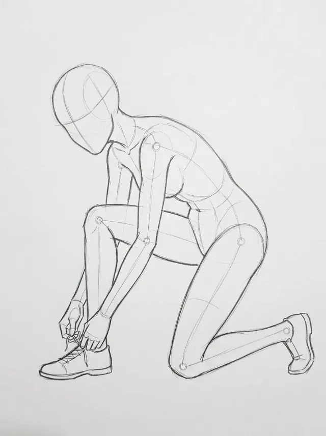 Kneeling Shoe-Tying Side View Pose Sketch