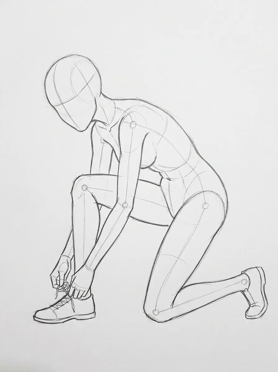 Kneeling Shoe-Tying Side View Pose Sketch