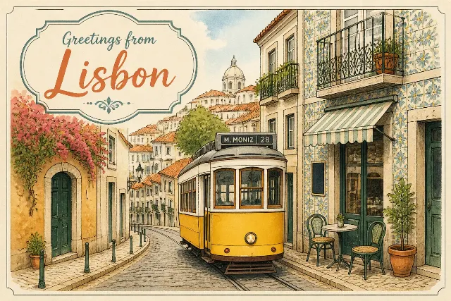 Lisbon Streetcar Watercolor Postcard