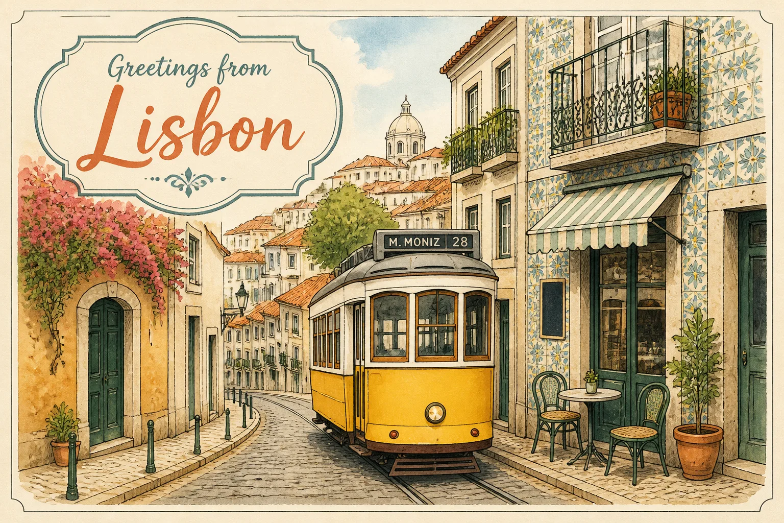 Lisbon Streetcar Watercolor Postcard