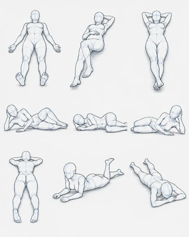 Lying Down Pose Reference Sketch Sheet