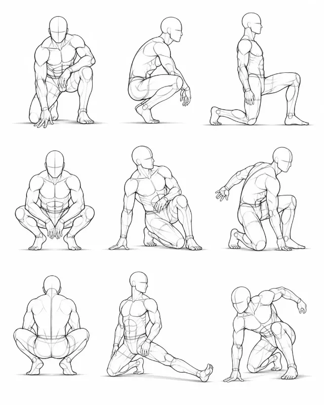 Male Kneeling And Crouching Pose Sheet