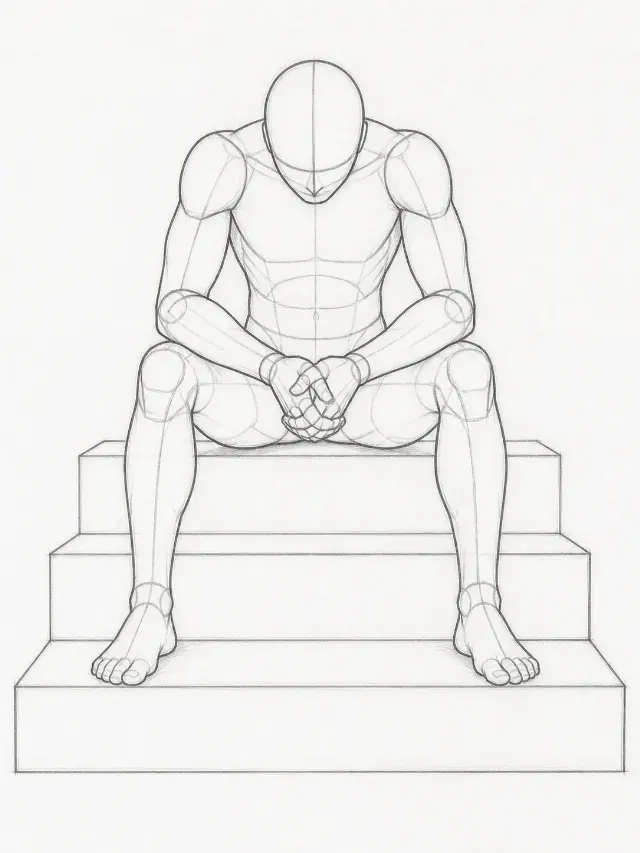 Male Stair Sitting Pose Reference Sketch