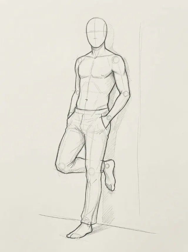 Male Wall Leaning Pose Reference Sketch