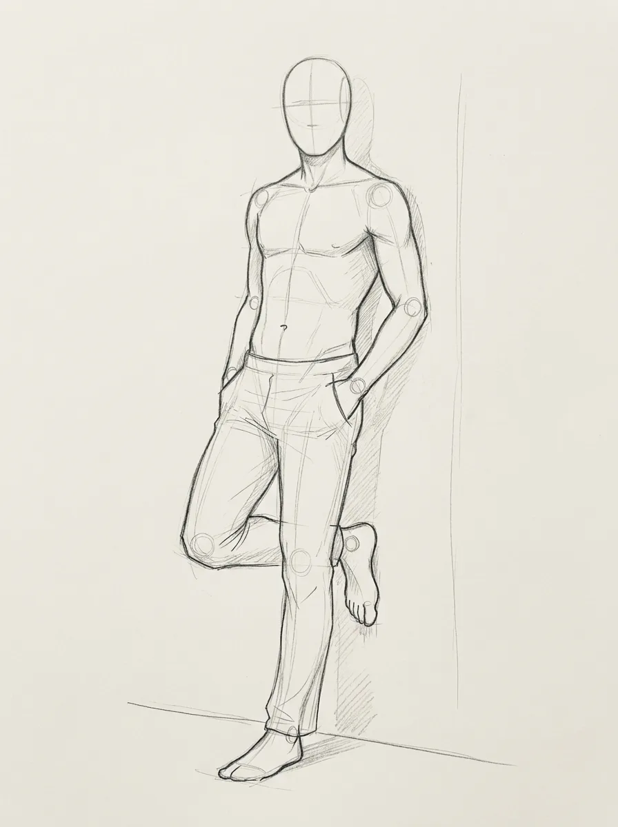Male Wall Leaning Pose Reference Sketch