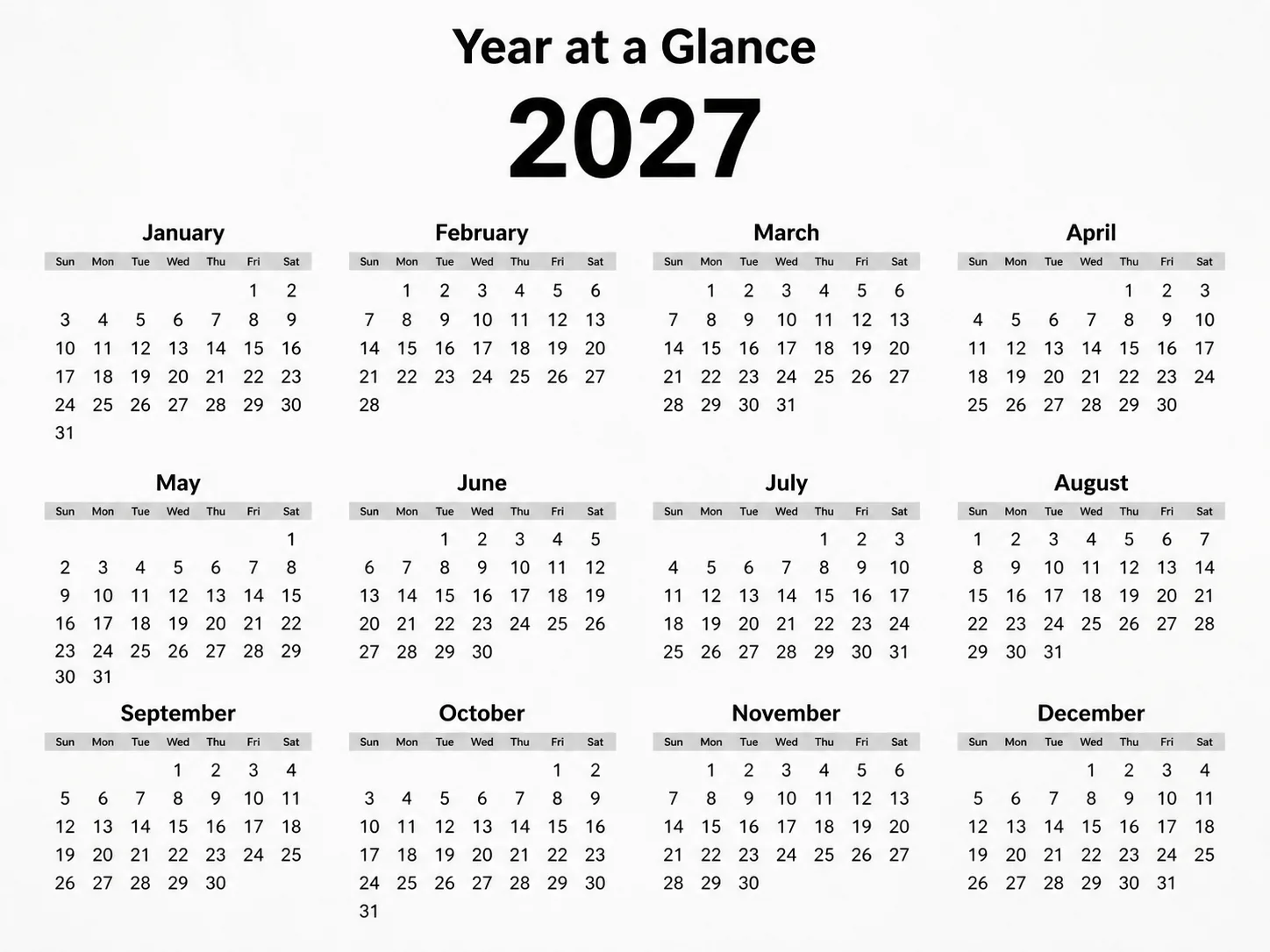 Minimalist Swiss Grid 2027 Year Calendar