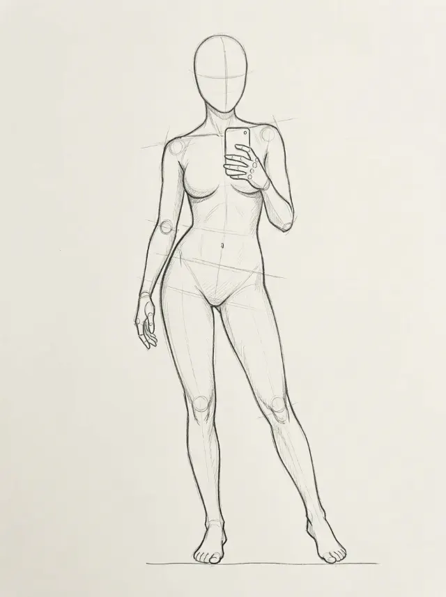 Mirror Selfie Female Pose Reference Sketch