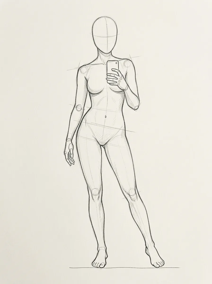 Mirror Selfie Female Pose Reference Sketch