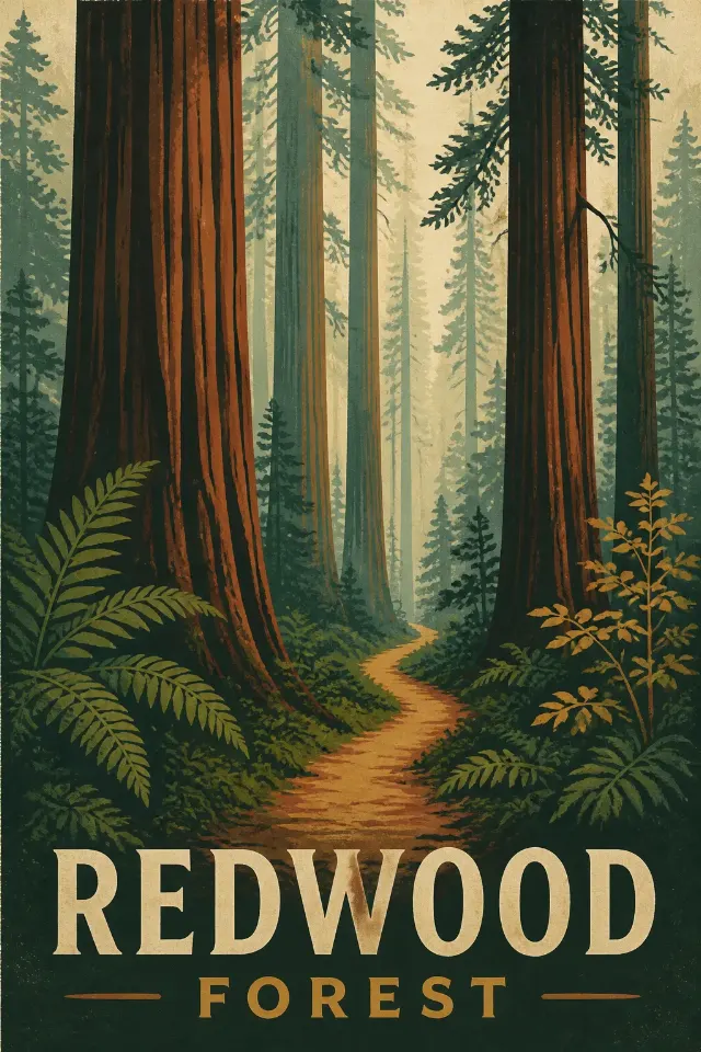 Misty Redwood Forest Screen Print Poster
