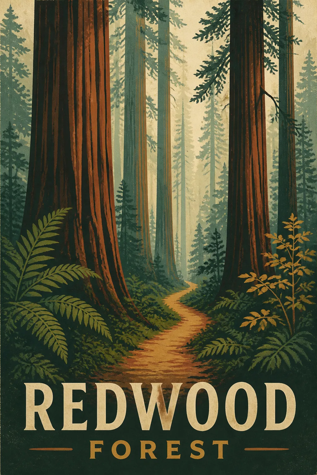 Misty Redwood Forest Screen Print Poster