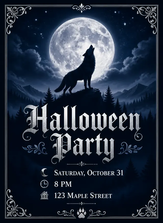 Moonlit Wolf Halloween Party Invitation