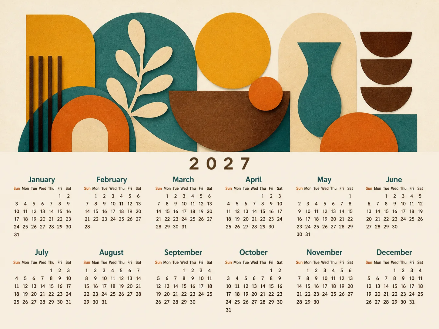 Mustard Teal Mid-Century Calendar Page