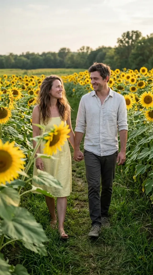 Natural Sunflower Field Couple Portrait