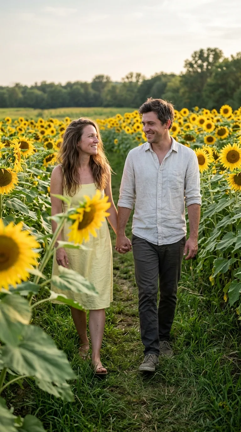 Natural Sunflower Field Couple Portrait