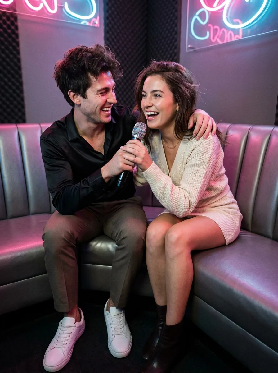Neon Karaoke Booth Couple Portrait
