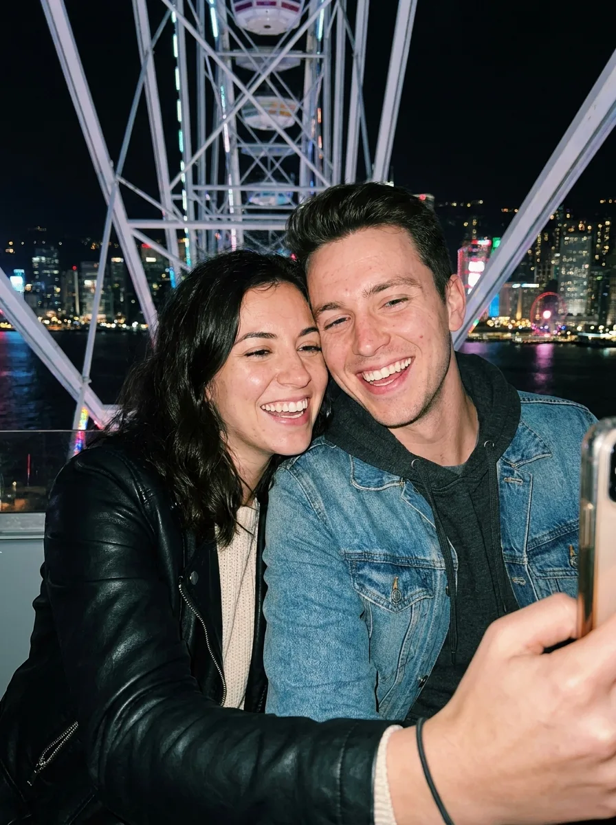 Night Ferris Wheel Couple Flash Selfie