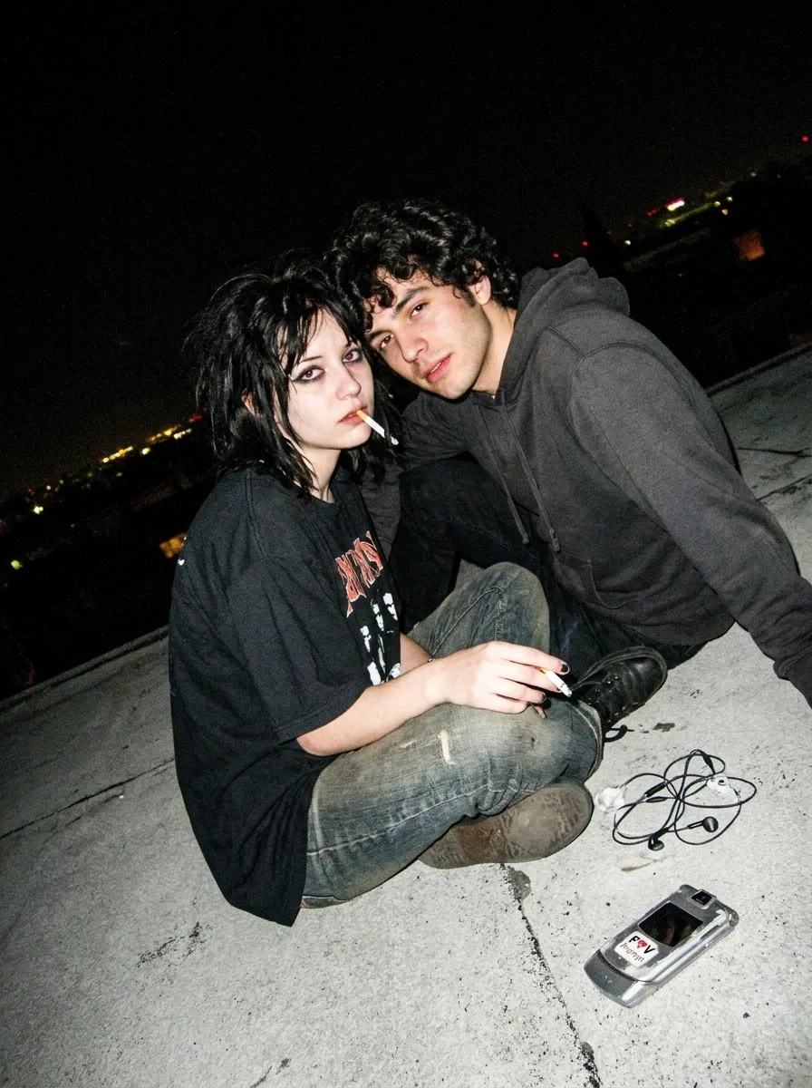 Noisy Goth Couple Flip Phone Rooftop Photo