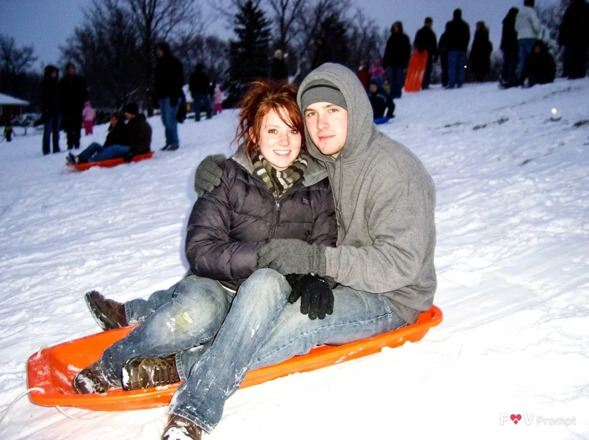 Overexposed 2000s Sledding Couple Photo