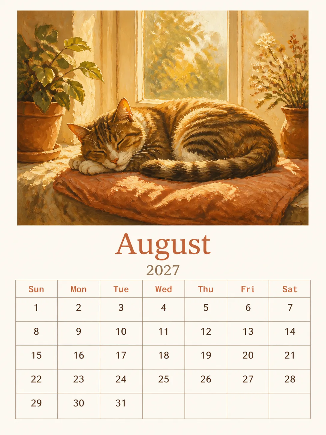 Painterly Cat August Calendar Page