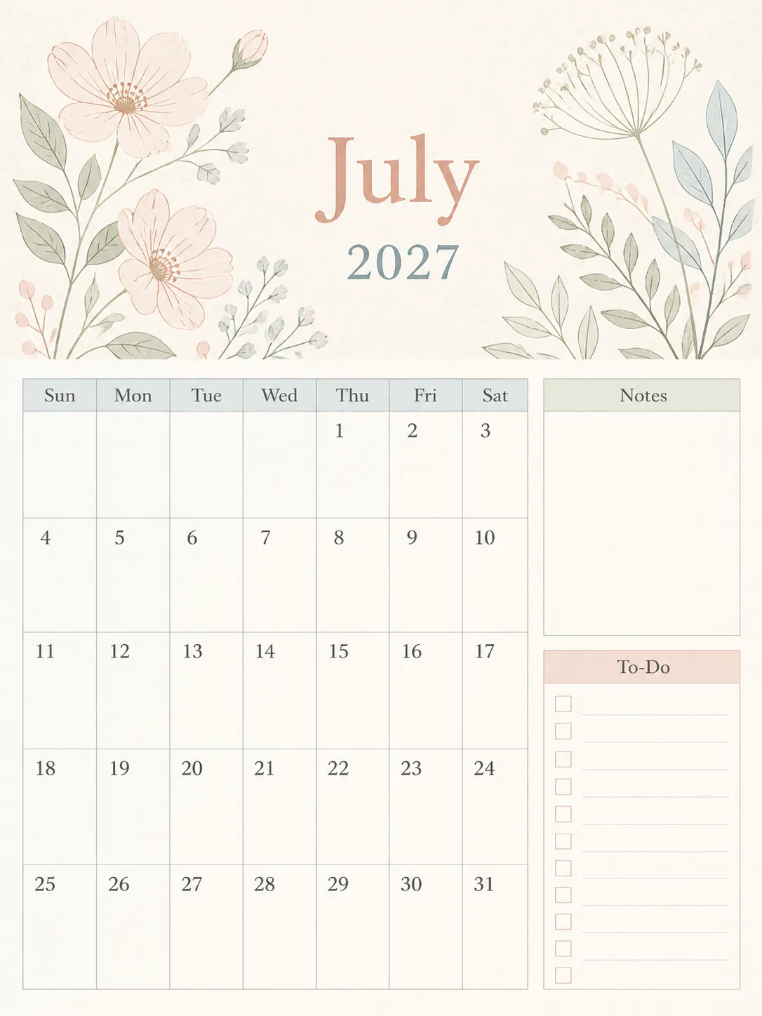 Pastel Monthly Planner Page With Notes